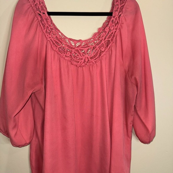 Crochet Neckline Pink Tunic Top Blouse Casual Summer Boho 3/4 Sleeve Womens - Picture 4 of 7